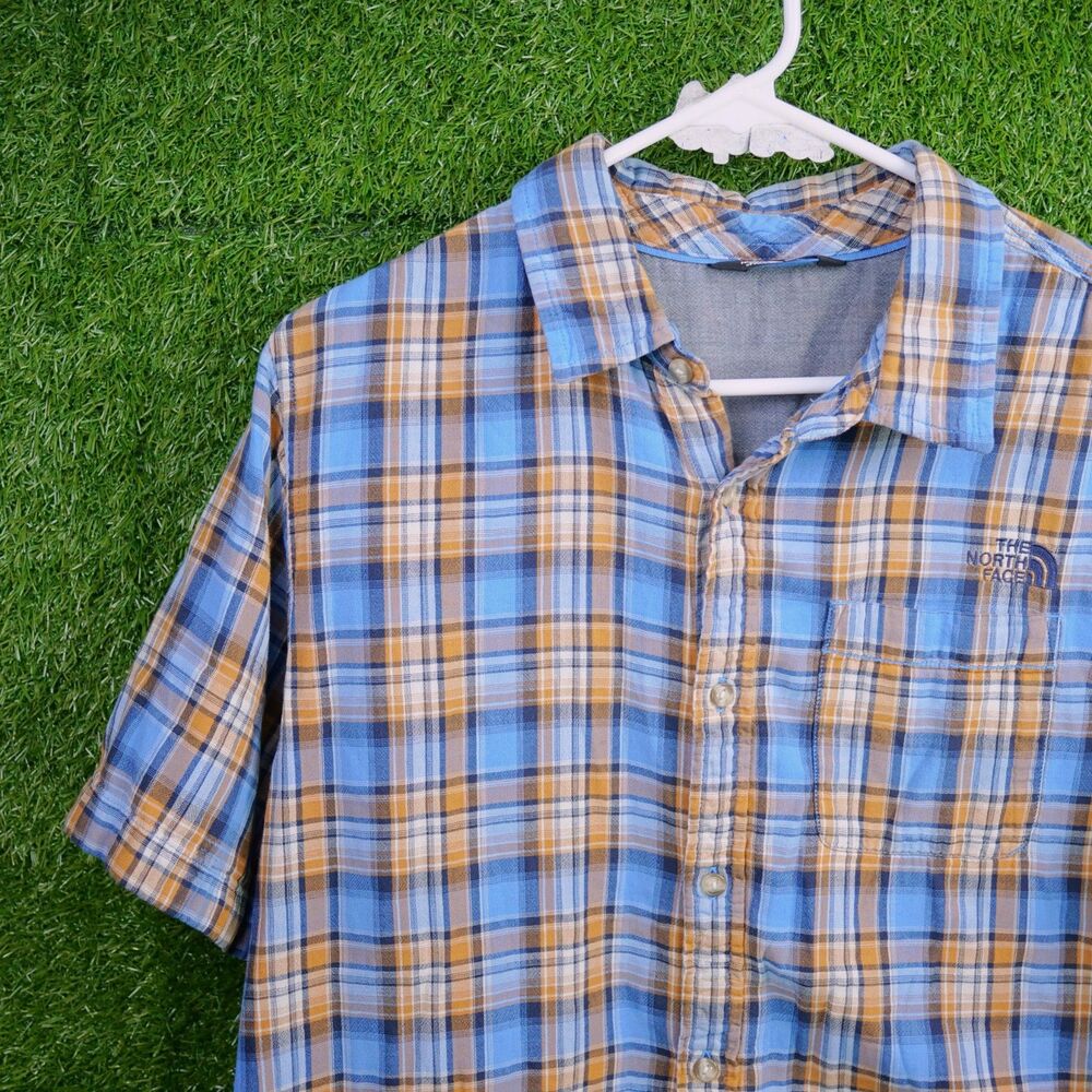 The North Face Plaid Short Sleeve Button Up Shirt Blue Yellow - Men's Size L